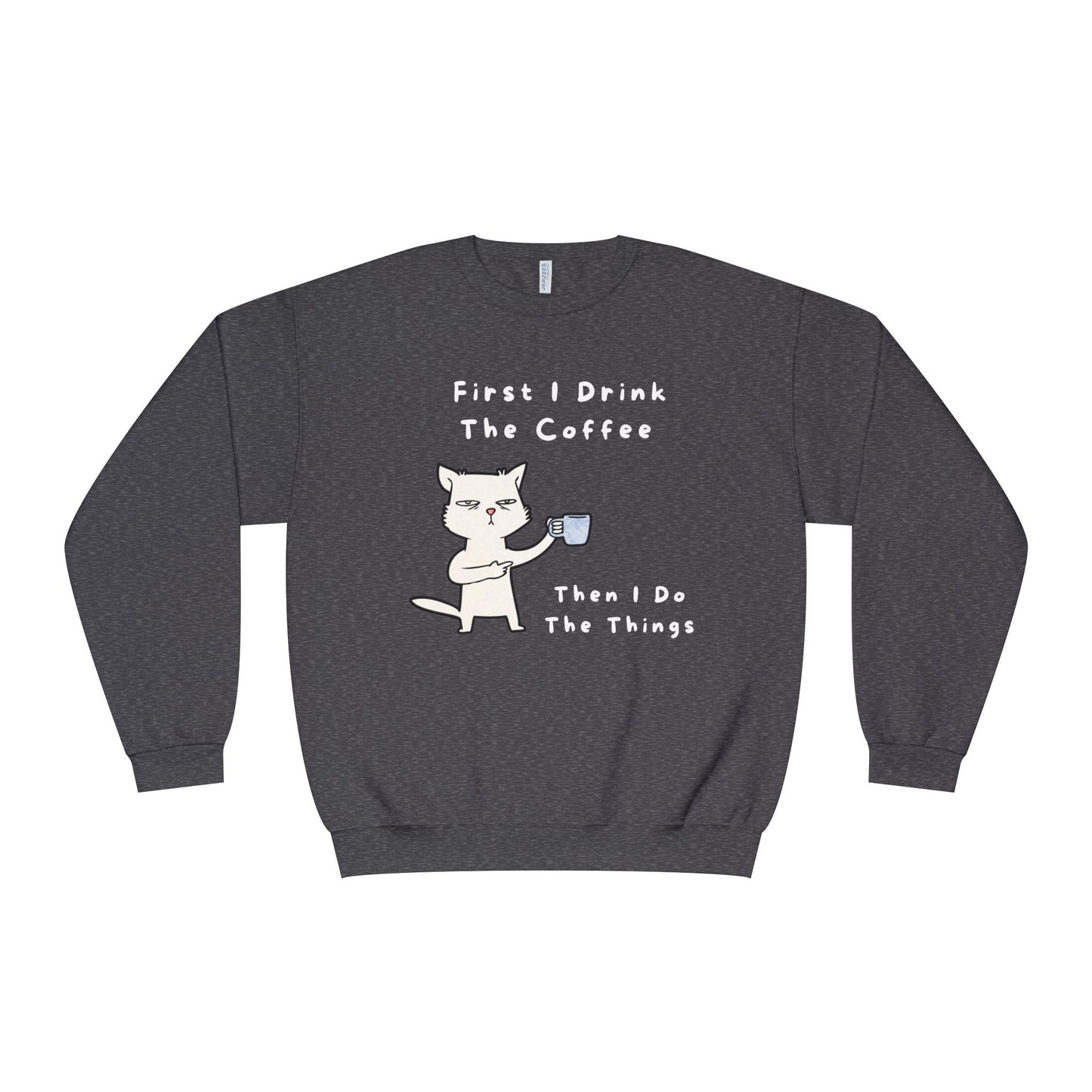 Printify but first coffee sweatshirt in dark gray with cat holding coffee cup and humorous text