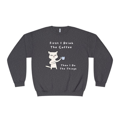 Printify but first coffee sweatshirt in dark gray with cat holding coffee cup and humorous text