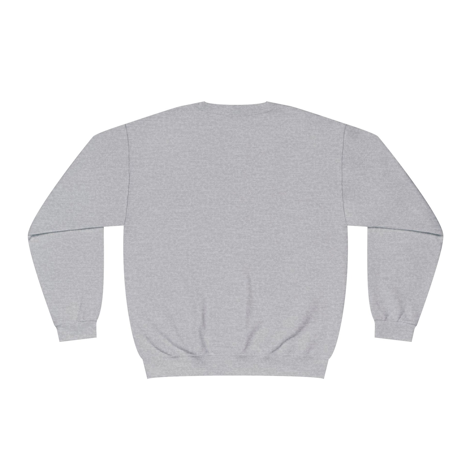 Back view of gray Printify but first coffee sweatshirt with long sleeves and ribbed cuffs