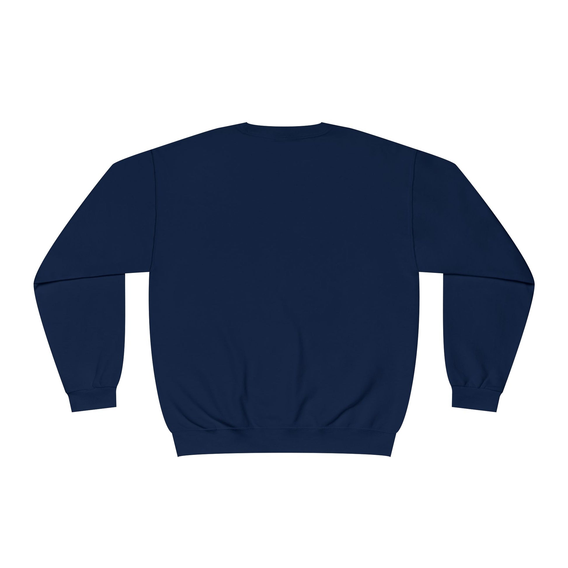 Back view of navy blue Printify but first coffee sweatshirt with long sleeves and ribbed cuffs