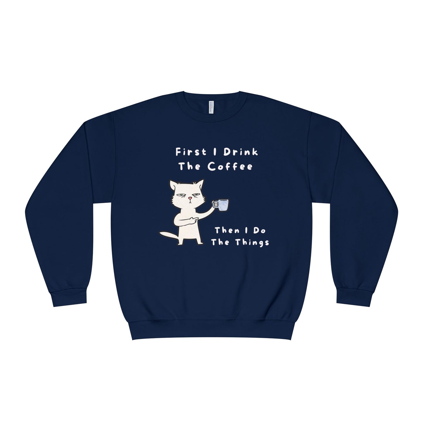 Navy but first coffee sweatshirt with cute cat holding coffee cup and funny text design
