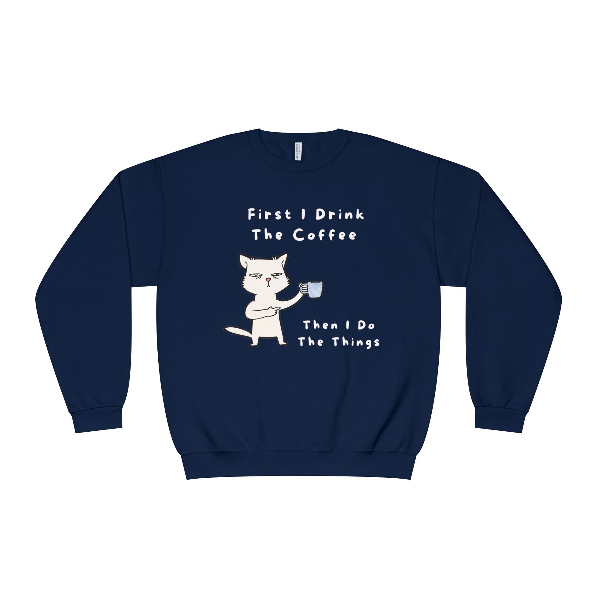 Navy but first coffee sweatshirt with cute cat holding coffee cup and funny text design