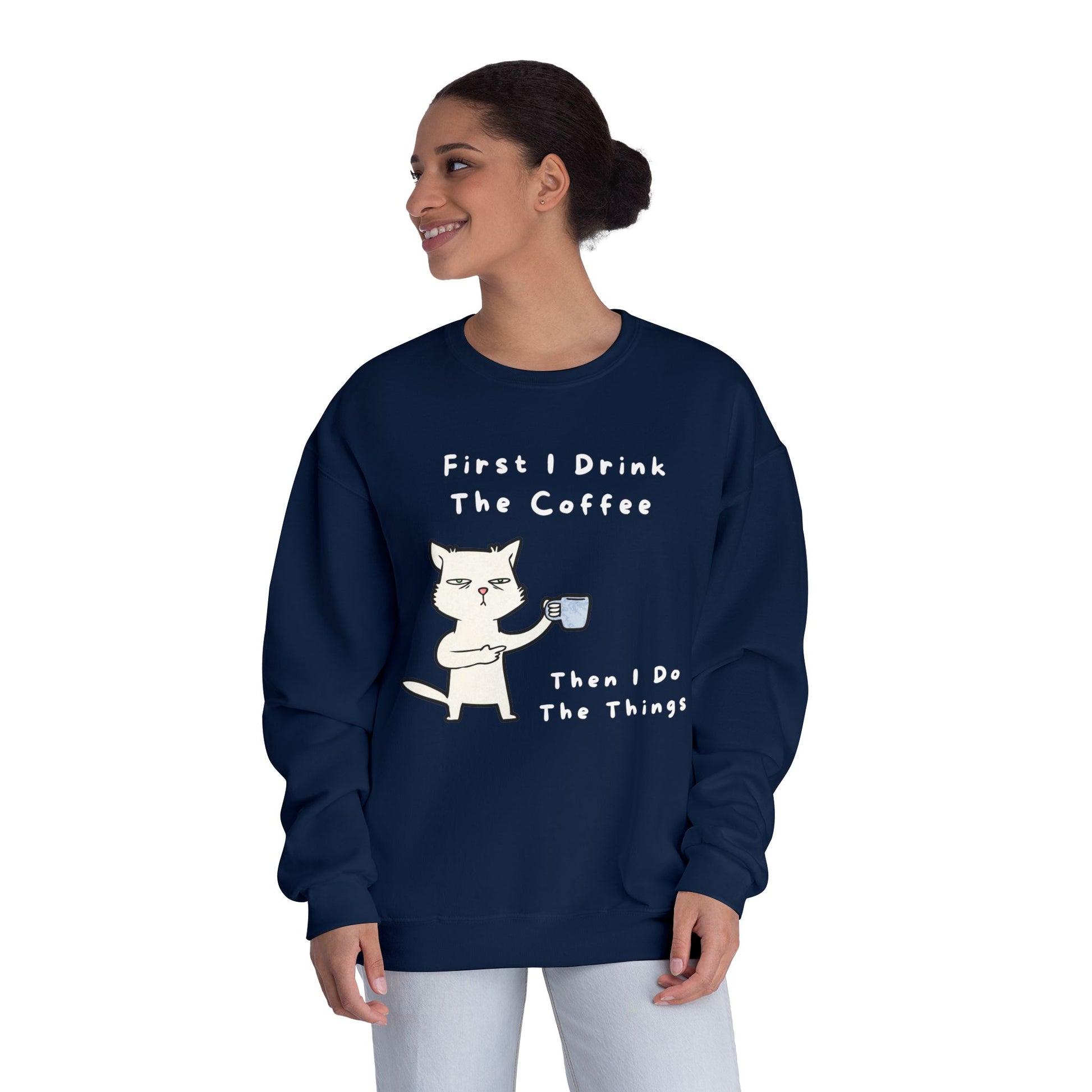 Navy Printify but first coffee sweatshirt with cat holding coffee cup and white text