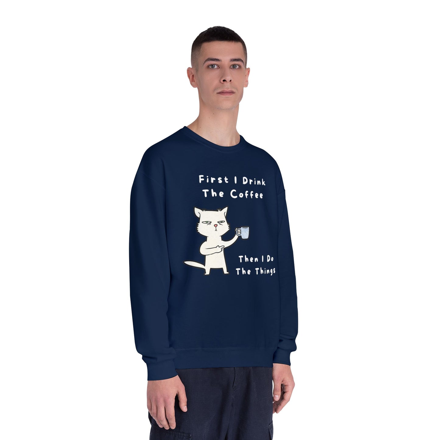 Printify but first coffee sweatshirt navy blue with cat holding coffee cup and humorous text