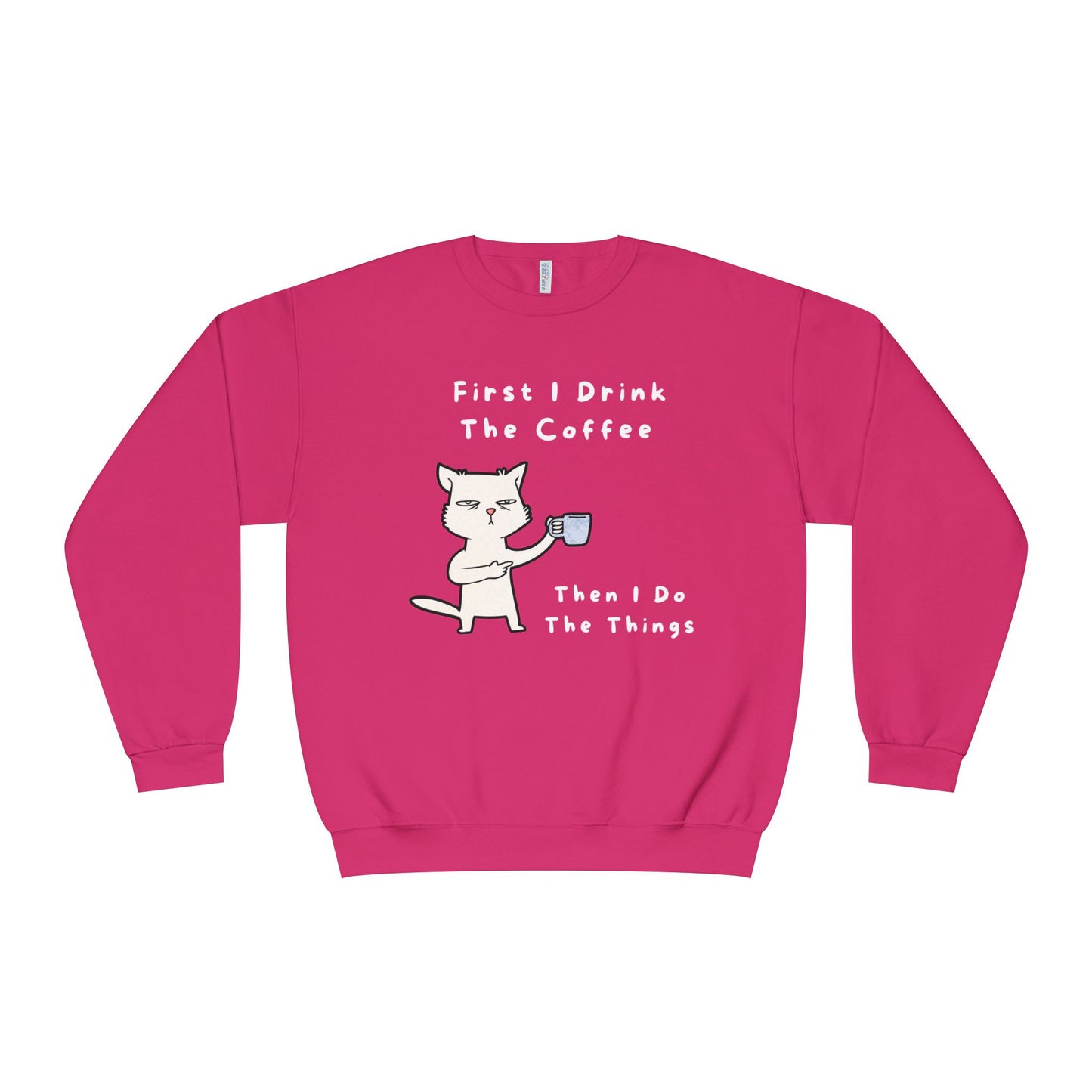 Printify pink sweatshirt with cat holding coffee cup and text but first coffee sweatshirt