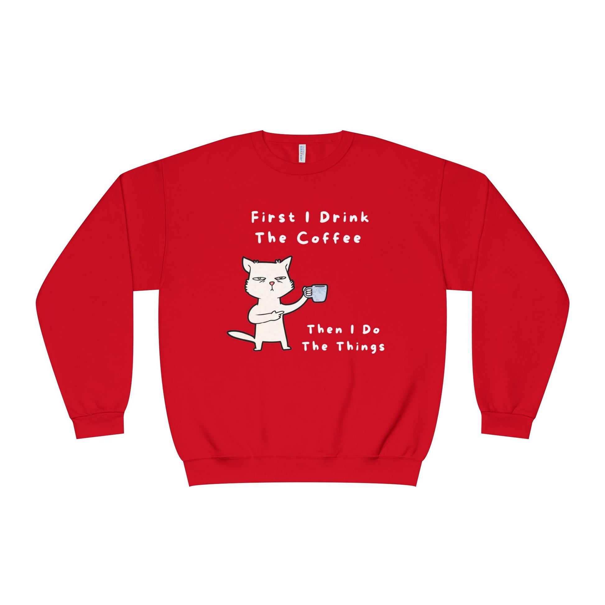 Red but first coffee sweatshirt with a cartoon cat holding a coffee cup and humorous text