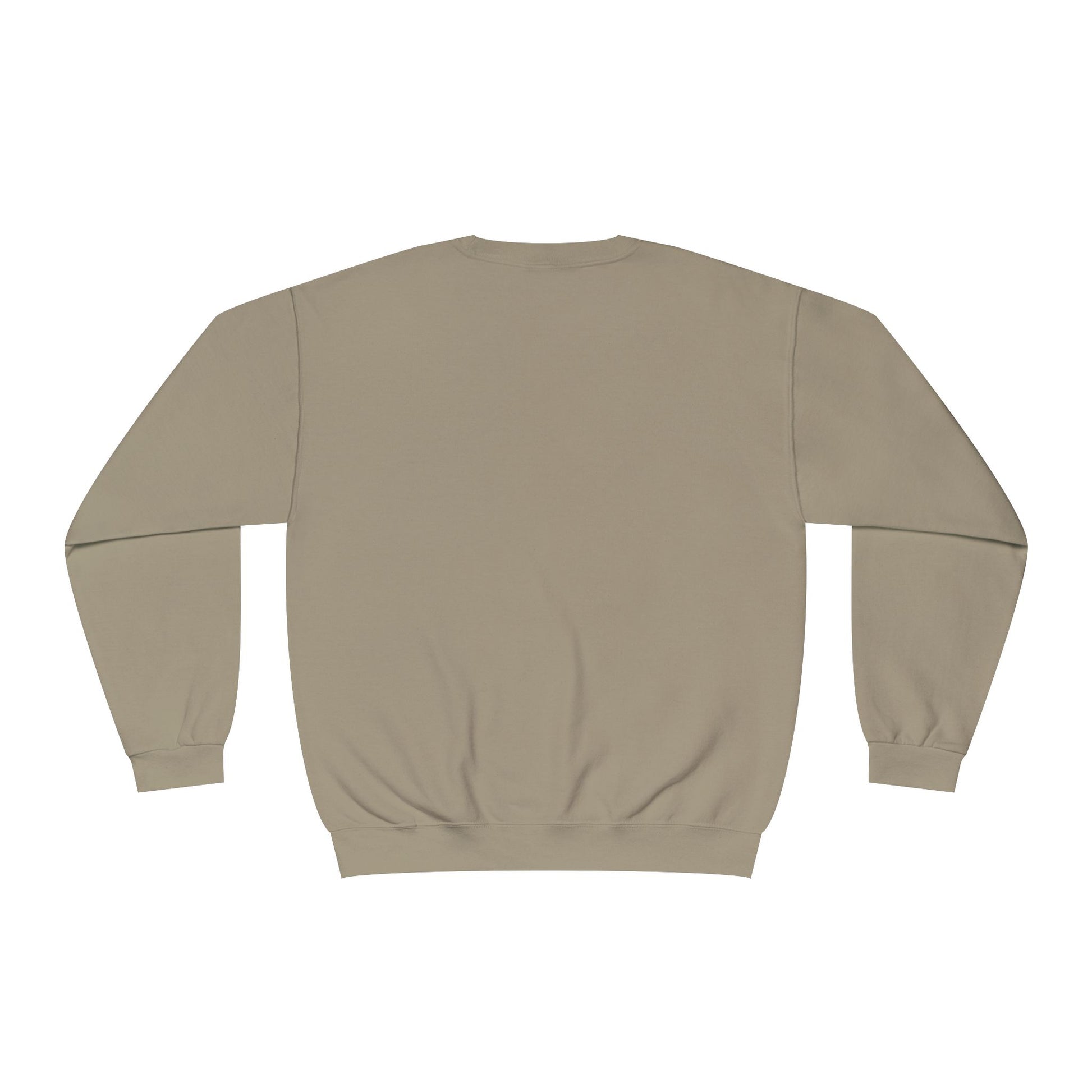 Back view of beige Printify sweatshirt plain design no graphics but first coffee sweatshirt