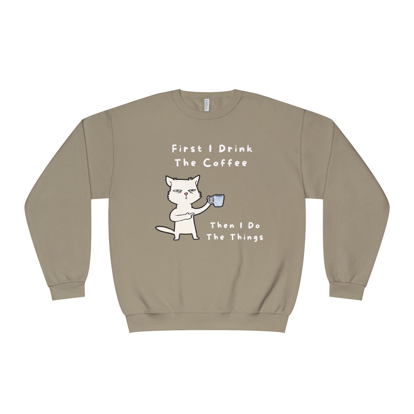 Printify but first coffee sweatshirt in beige with cat holding coffee cup and funny text