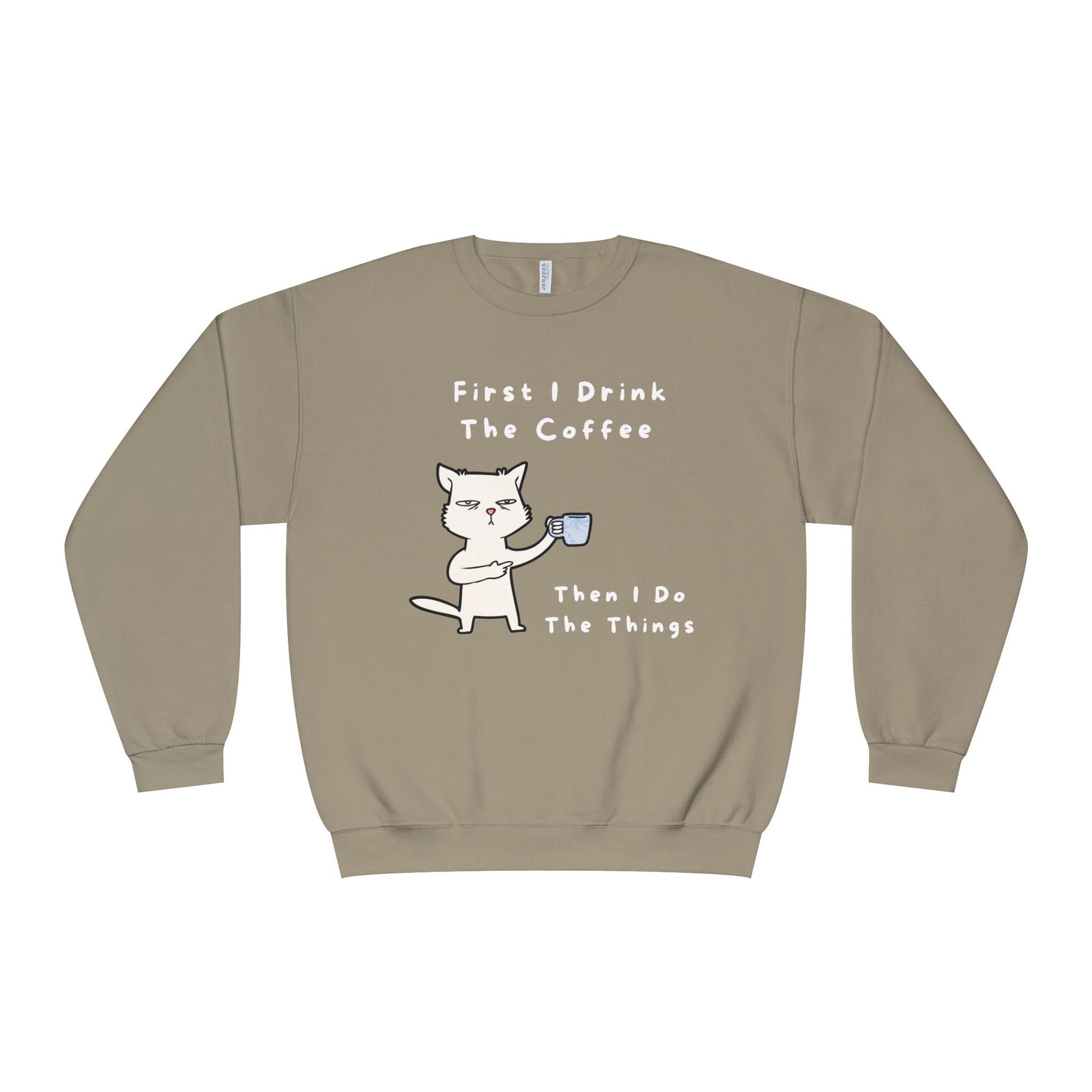 Printify but first coffee sweatshirt in beige with cat holding coffee cup and funny text