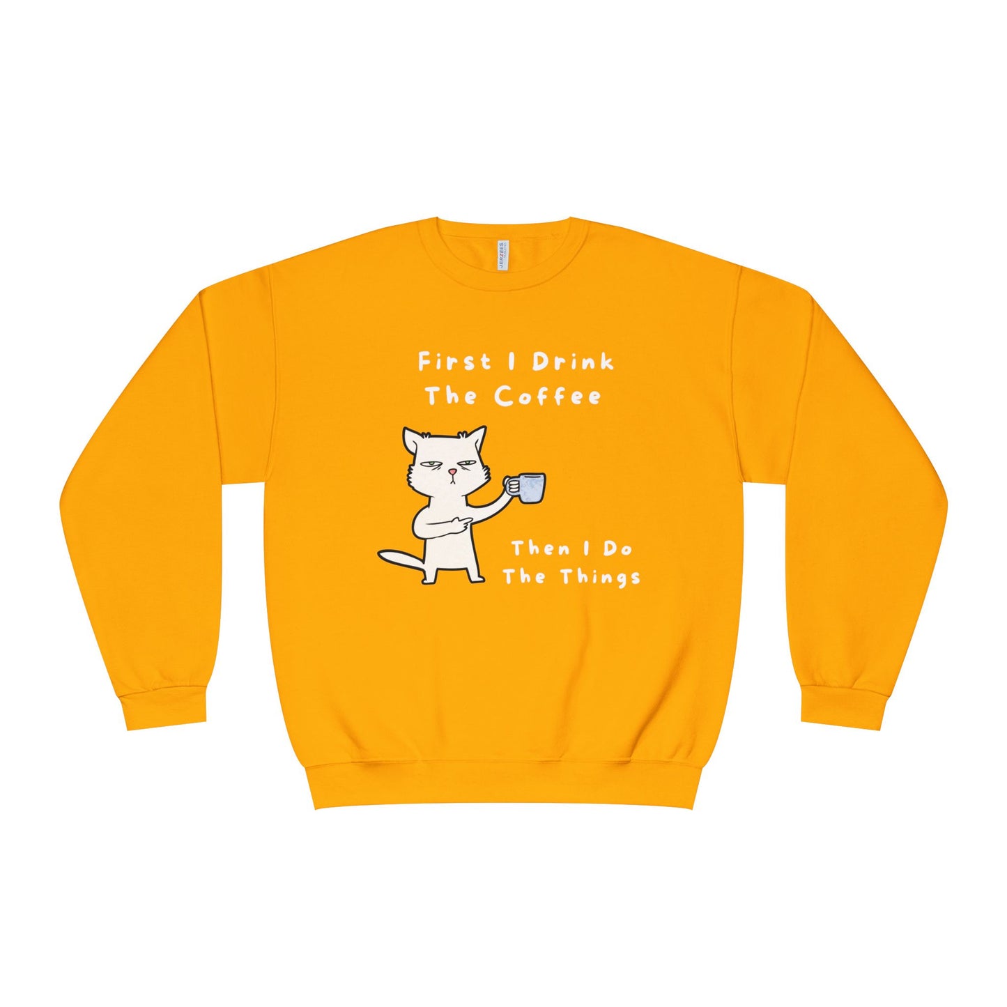 Printify yellow but first coffee sweatshirt with cat holding coffee mug and humorous text