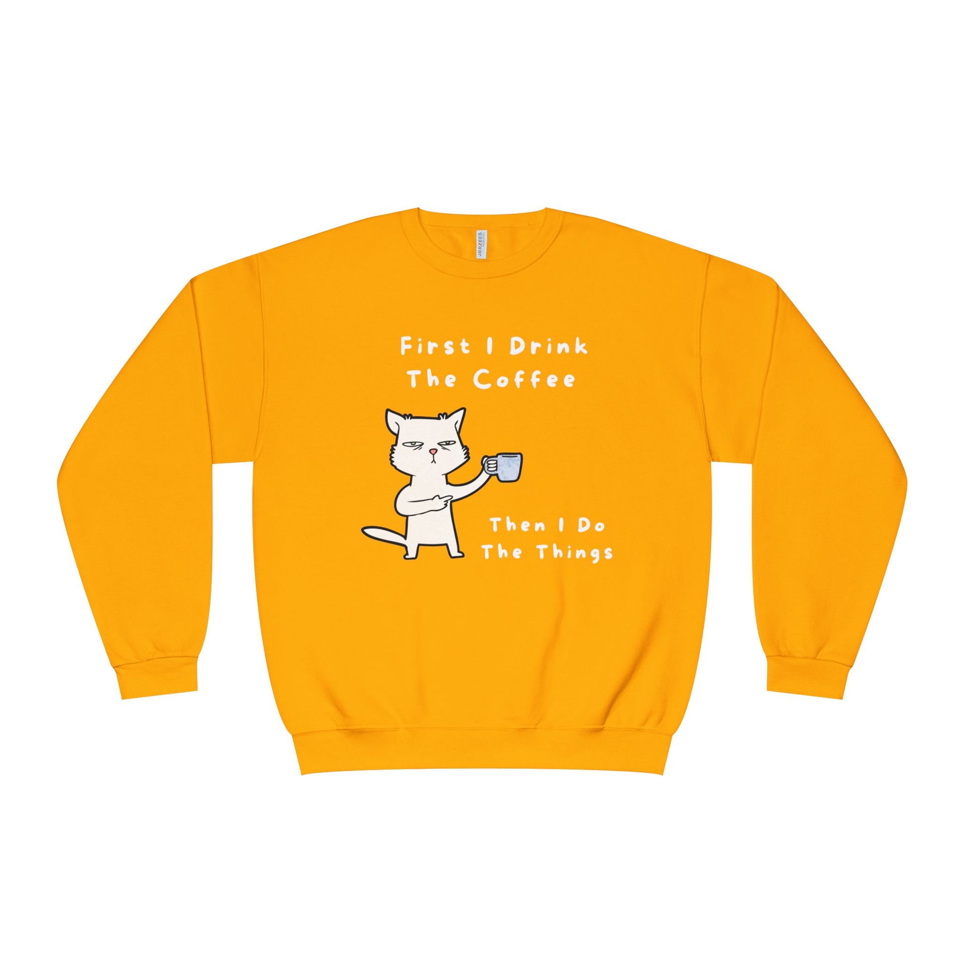 Printify yellow but first coffee sweatshirt with cat holding coffee mug and humorous text