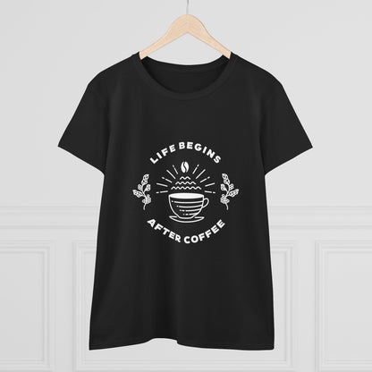 Black Printify but first coffee t shirt with white coffee cup and life begins after coffee design