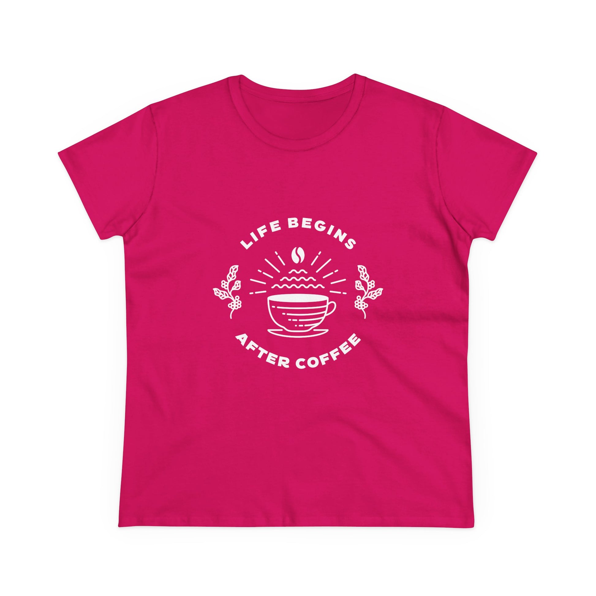 Printify bright pink but first coffee t shirt with white coffee cup graphic and slogan