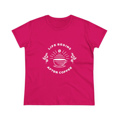 Printify bright pink but first coffee t shirt with white coffee cup graphic and slogan