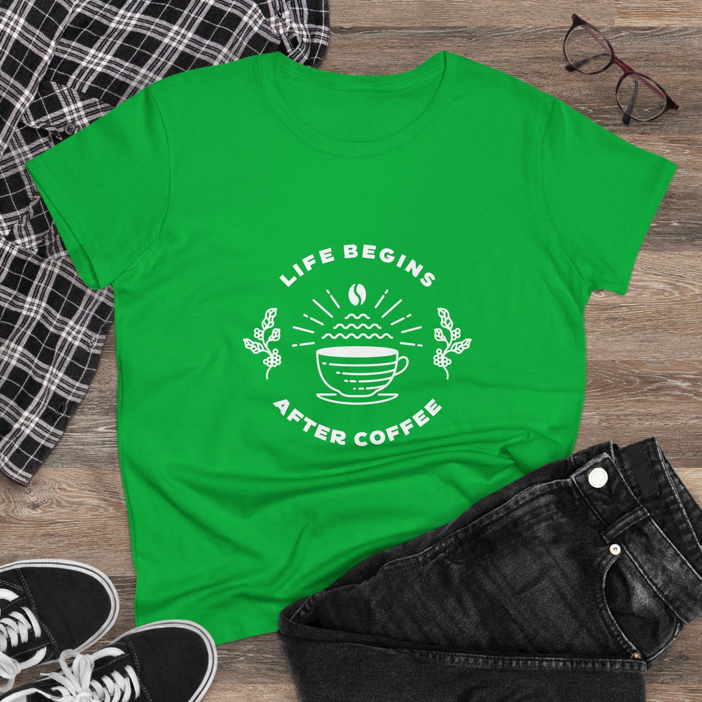 Green but first coffee t shirt with white coffee cup design and Life Begins After Coffee text
