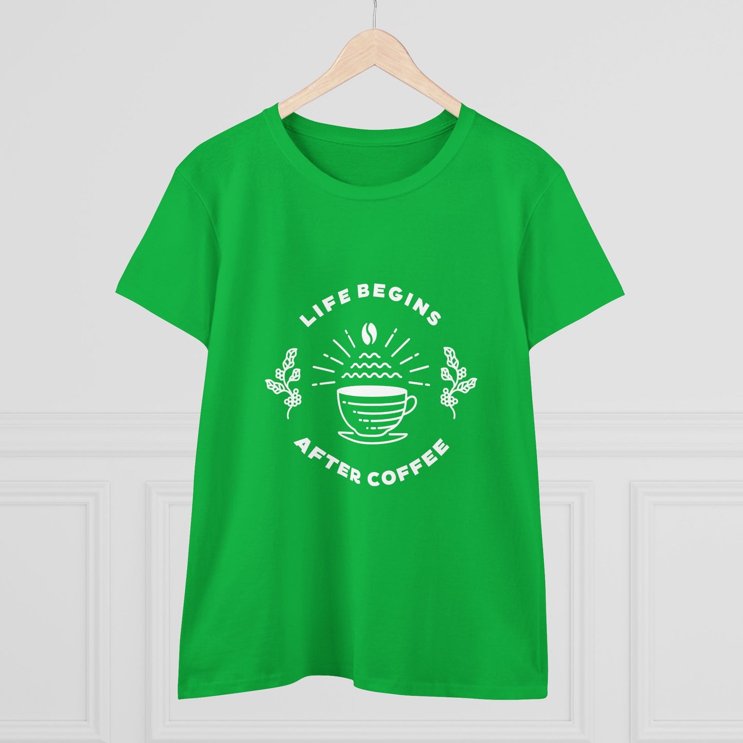 Green but first coffee t shirt with white coffee cup design and life begins after coffee text