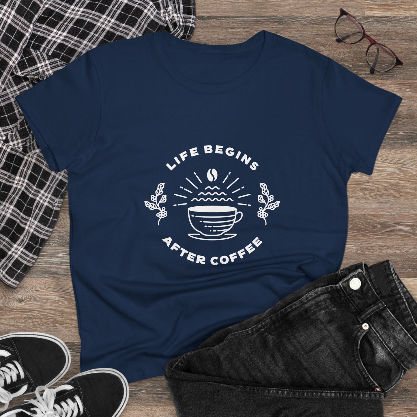 Navy but first coffee t shirt with Life Begins After Coffee design, paired with black jeans and sneakers