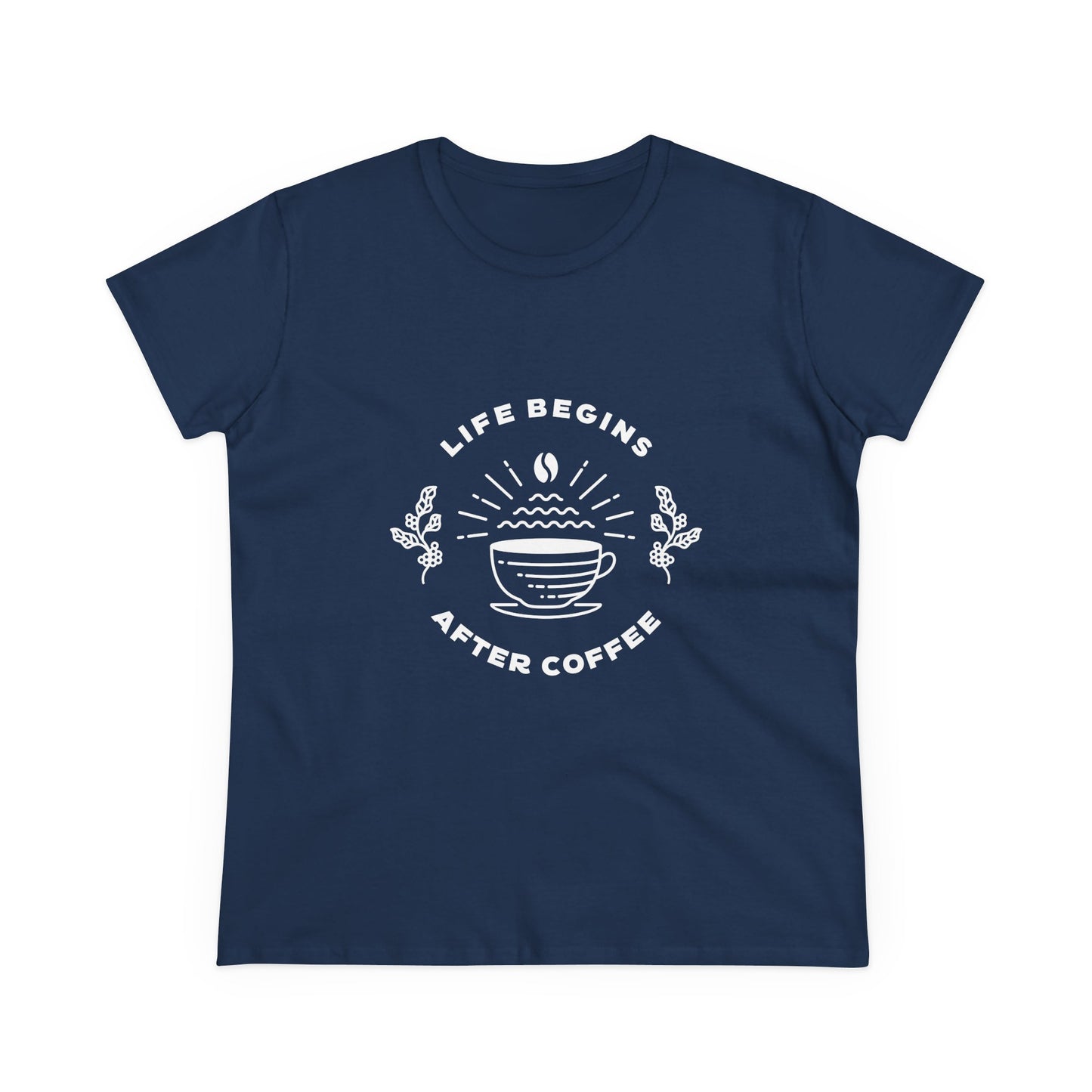 Navy but first coffee t shirt with white coffee cup graphic and Life Begins After Coffee text