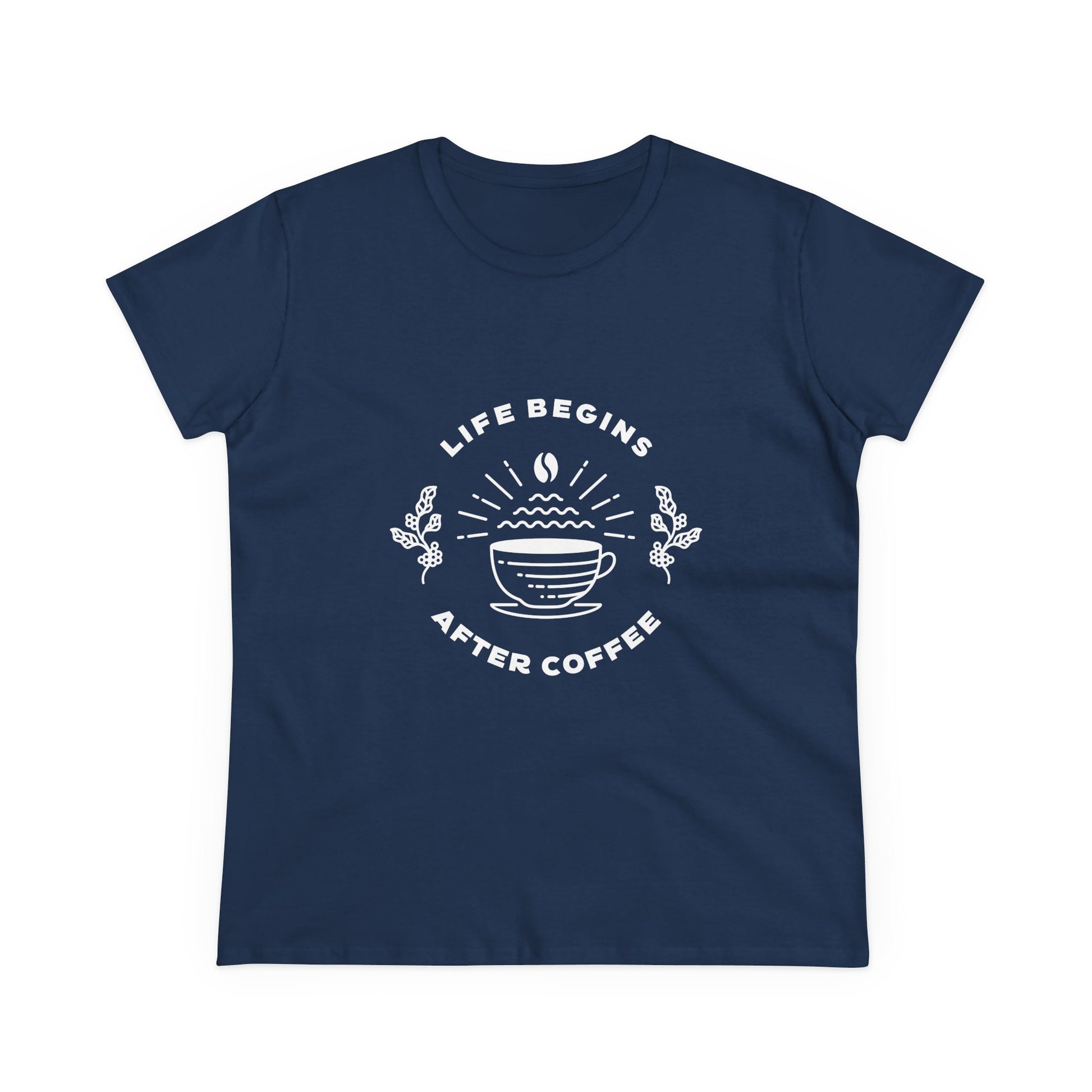 Navy but first coffee t shirt with white coffee cup graphic and Life Begins After Coffee text