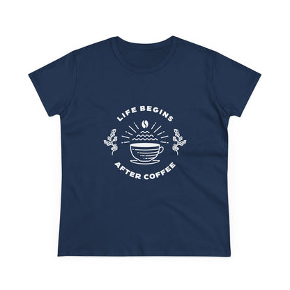 Navy but first coffee t shirt with white coffee cup graphic and Life Begins After Coffee text