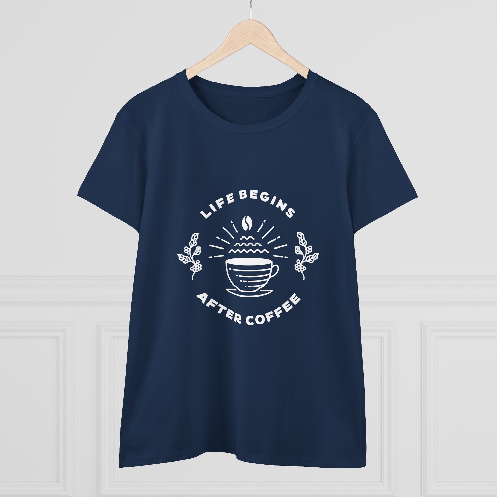 Navy Printify but first coffee t shirt with white coffee cup graphic and Life Begins After Coffee text