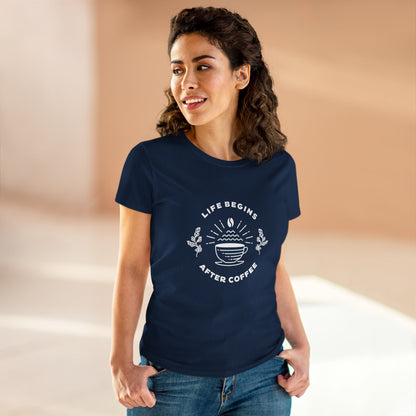 Printify navy but first coffee t shirt with life begins after coffee design worn by woman