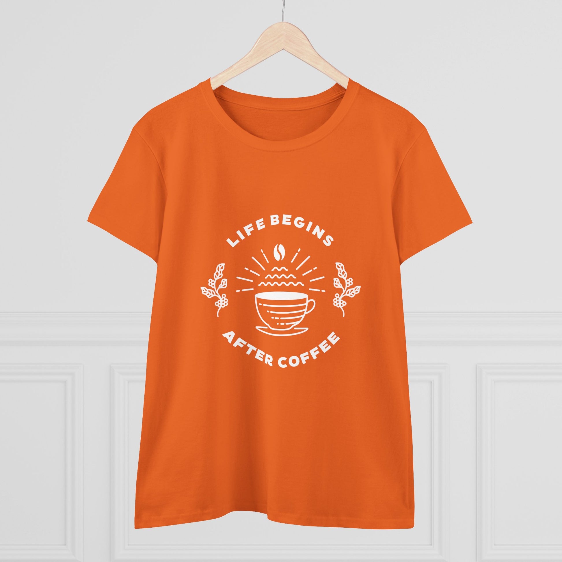 Orange but first coffee t shirt with white coffee cup and life begins after coffee design