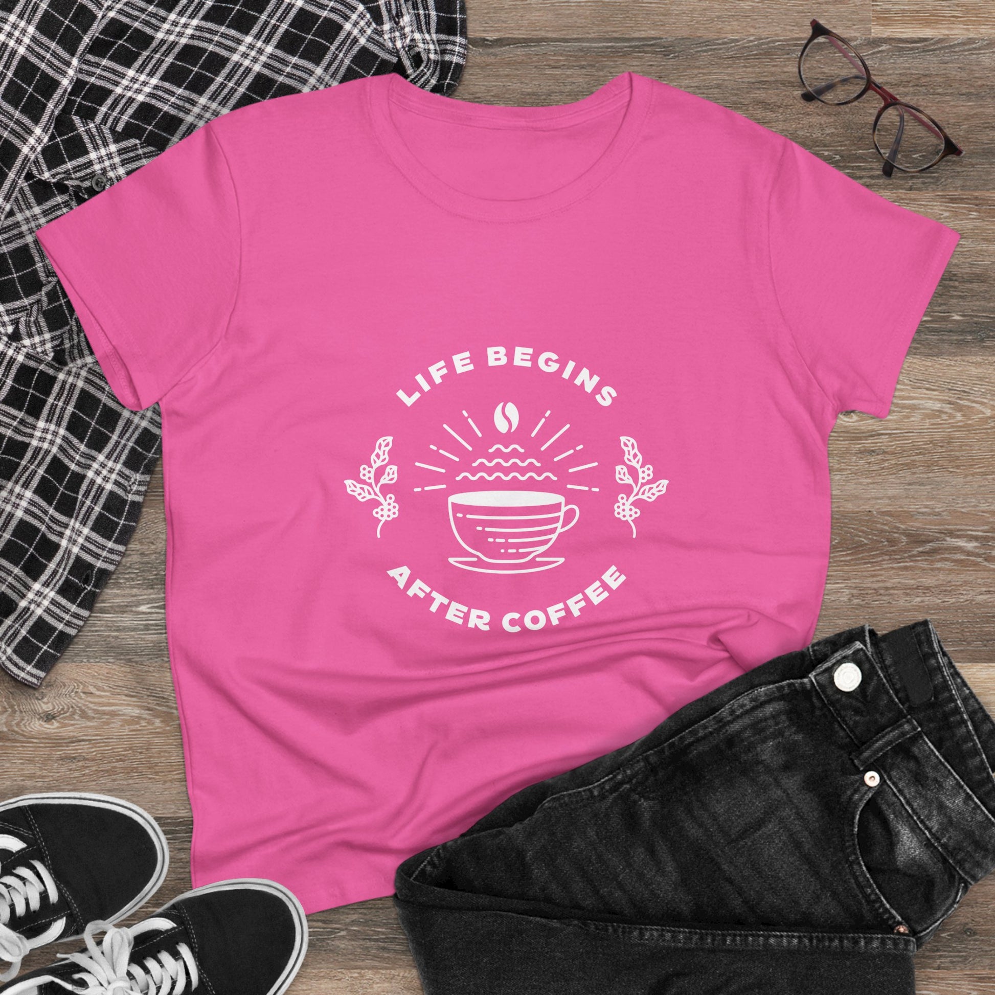 Pink Printify but first coffee t shirt with white coffee cup design and Life Begins After Coffee text