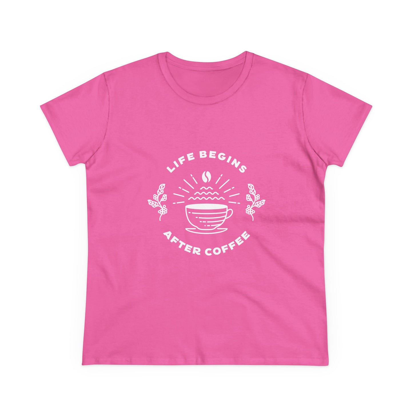 Pink but first coffee t shirt with white coffee cup graphic and life begins after coffee text