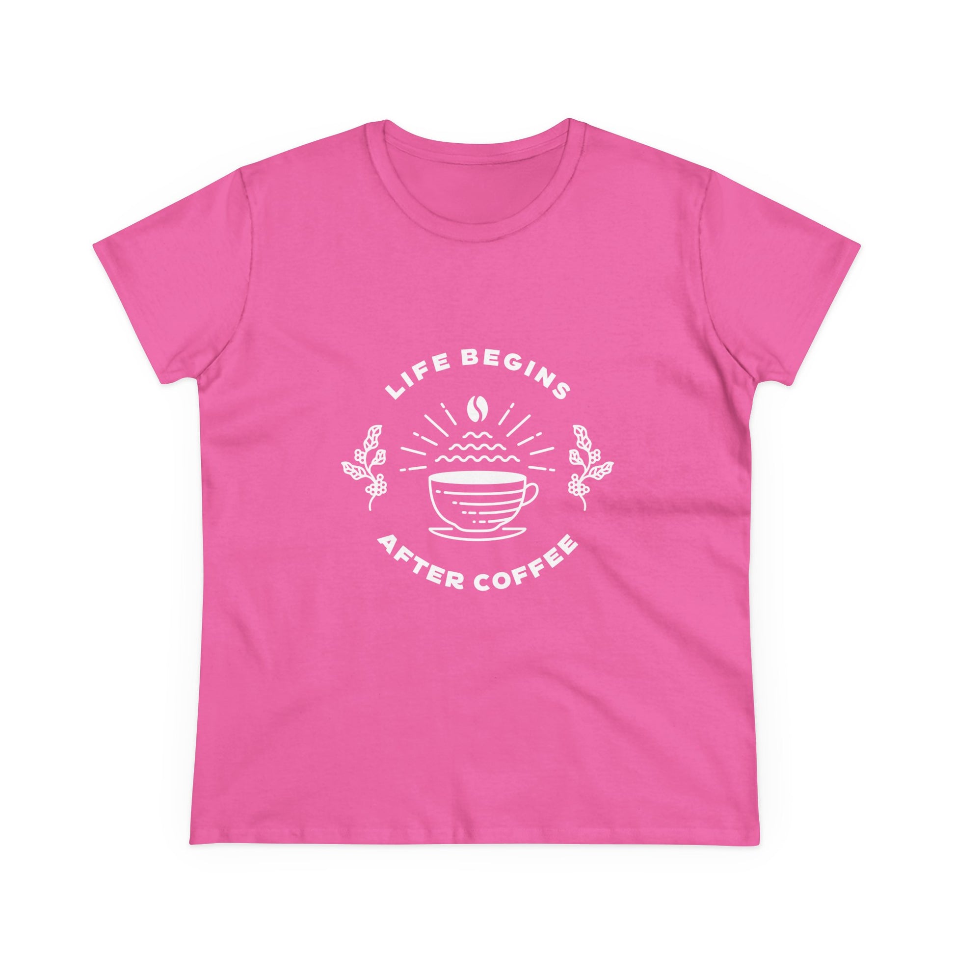 Pink but first coffee t shirt with white coffee cup graphic and life begins after coffee text