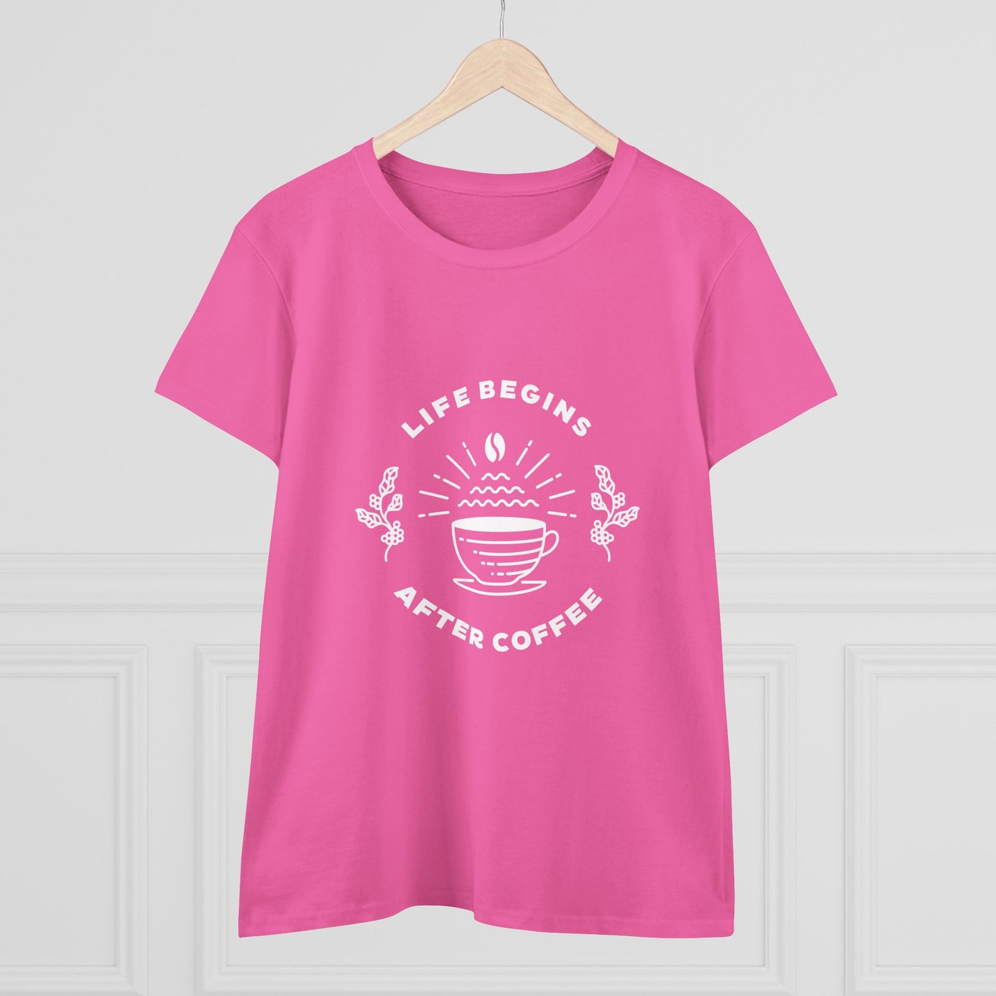 Pink but first coffee t shirt with white coffee cup design and life begins after coffee text