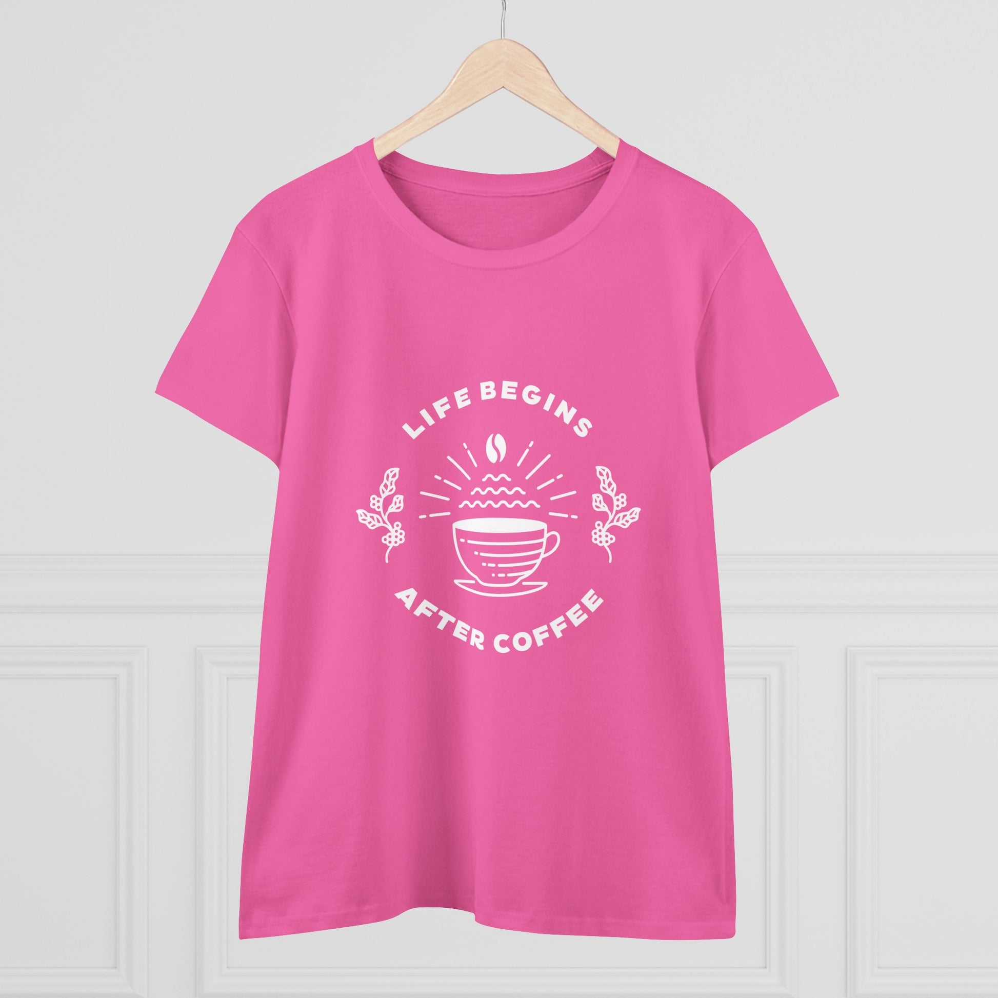 Pink but first coffee t shirt with white coffee cup design and life begins after coffee text
