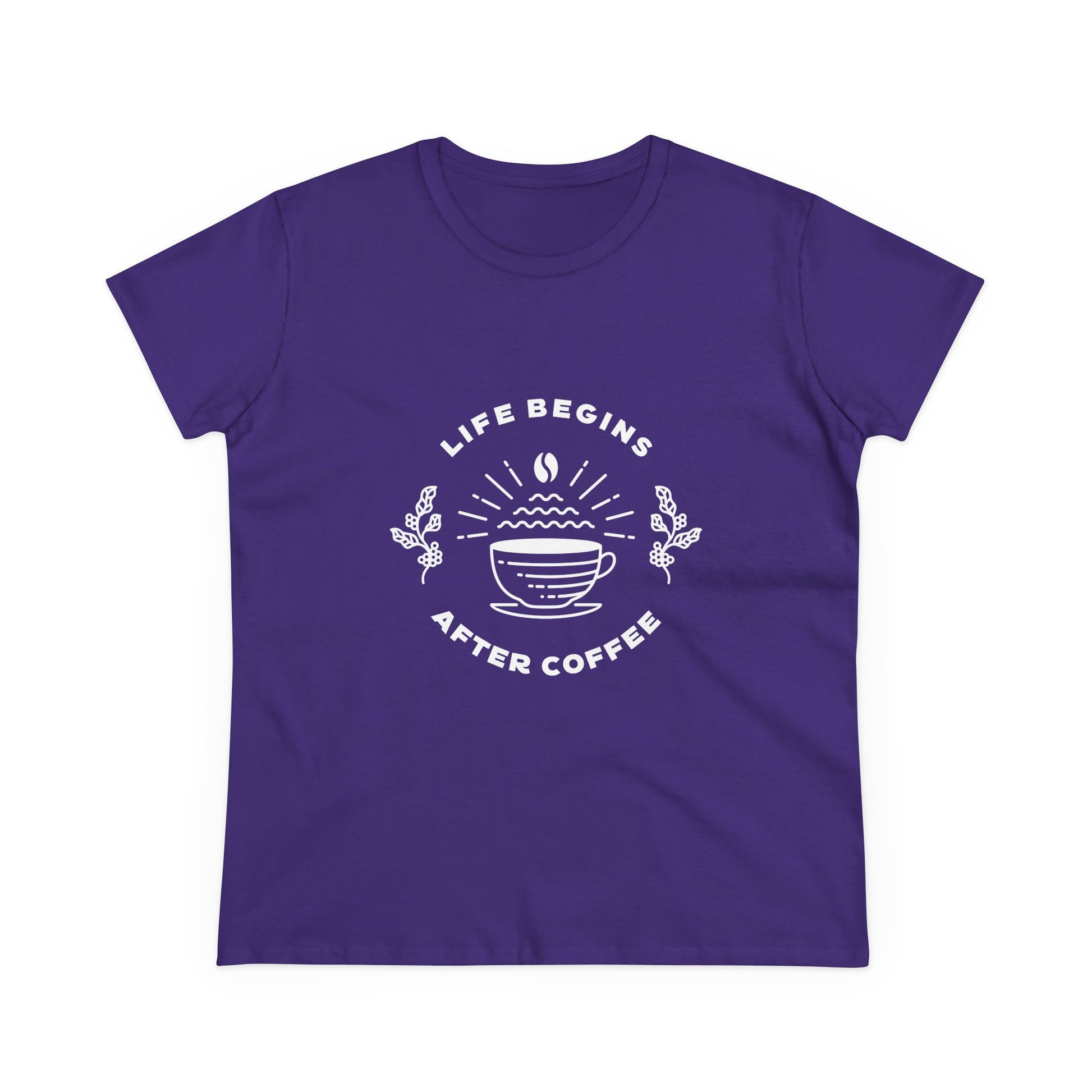 Purple but first coffee t shirt with white coffee cup graphic and text life begins after coffee