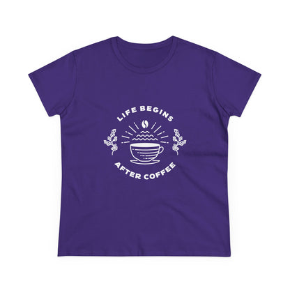 Purple but first coffee t shirt with white coffee cup graphic and text life begins after coffee