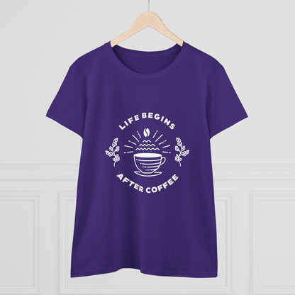 Purple but first coffee t shirt with white coffee cup design and Life Begins After Coffee text