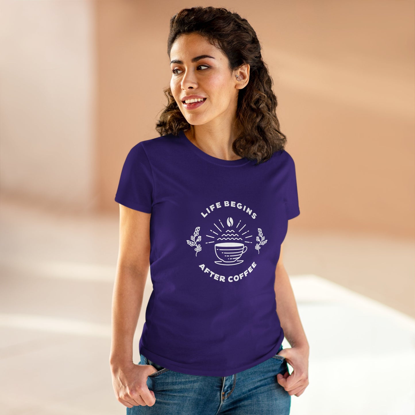 Printify but first coffee t shirt in purple with white coffee cup design and Life Begins After Coffee text