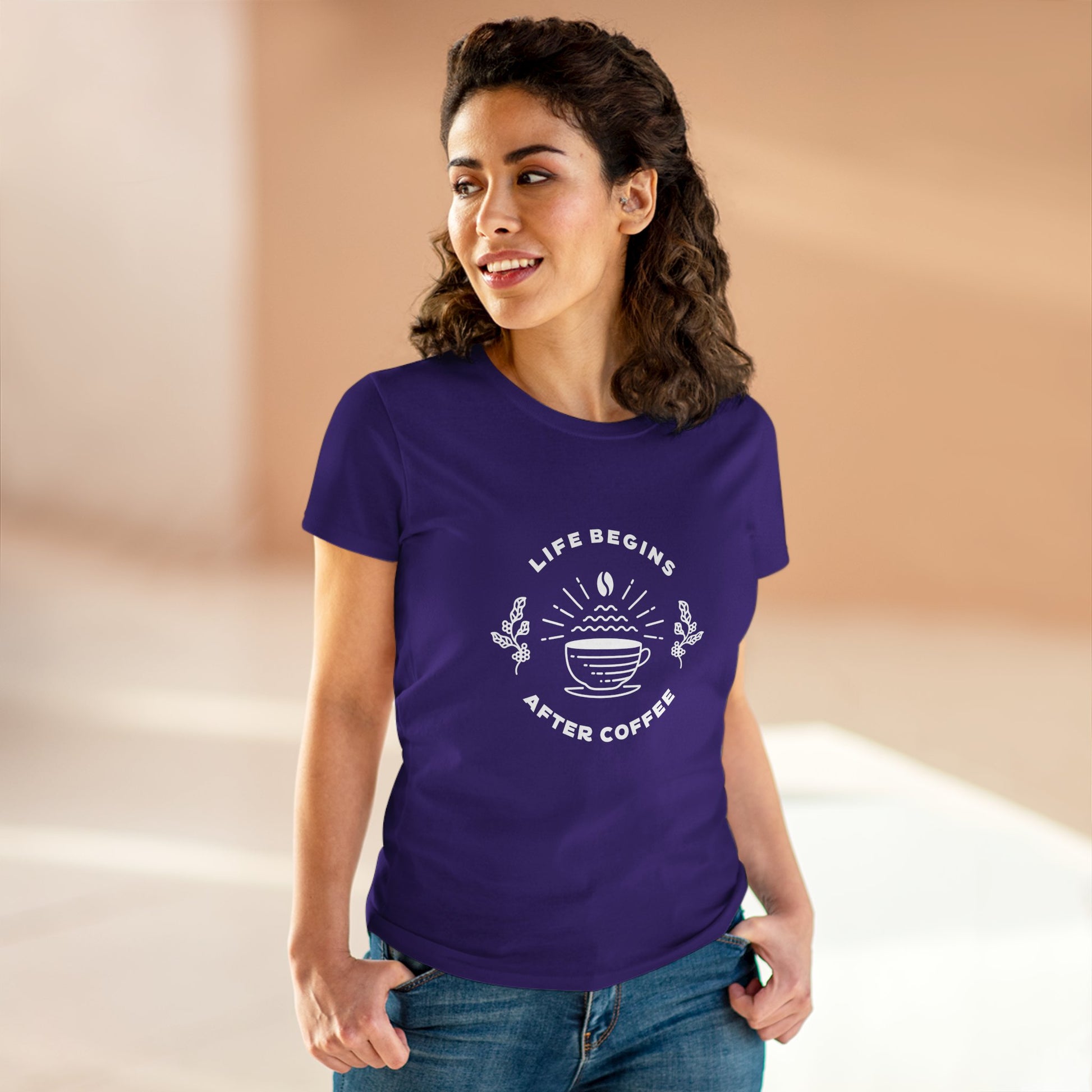 Printify but first coffee t shirt in purple with white coffee cup design and Life Begins After Coffee text