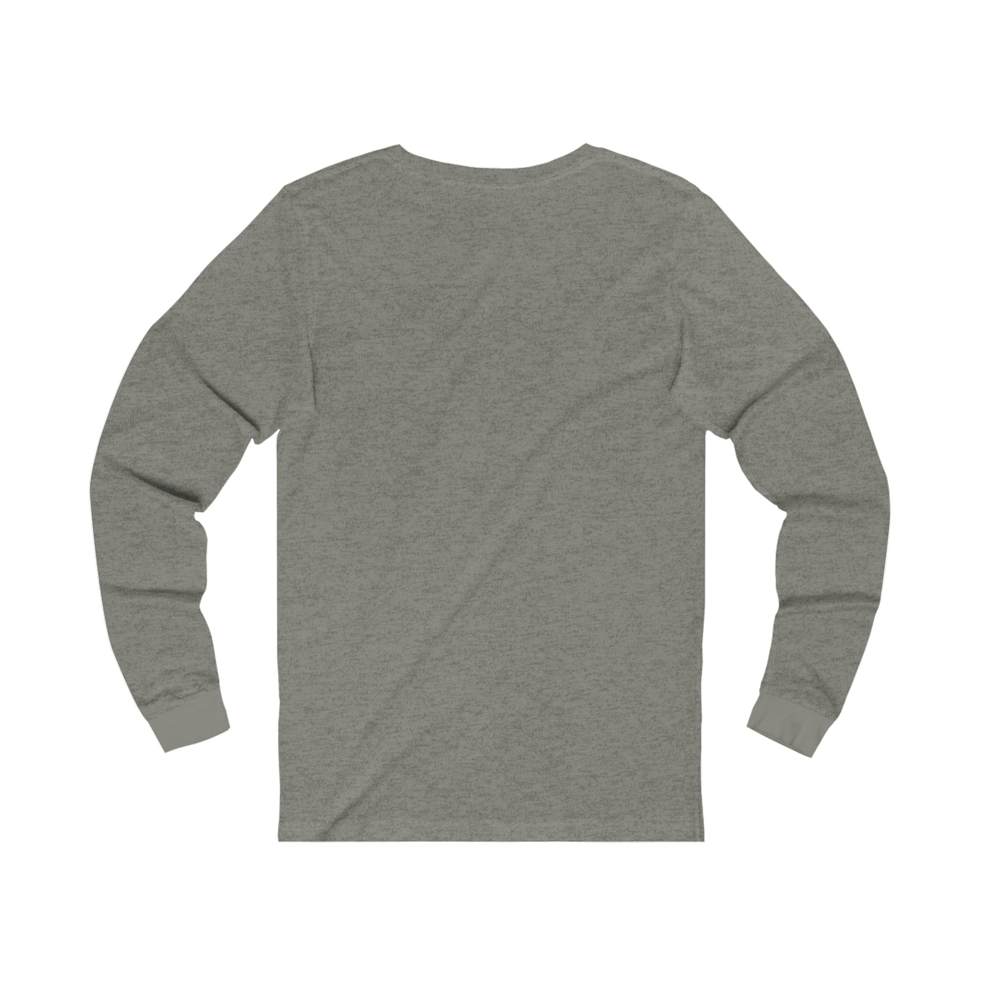 Back view of Printify grey long-sleeve but first coffee tee with ribbed cuffs