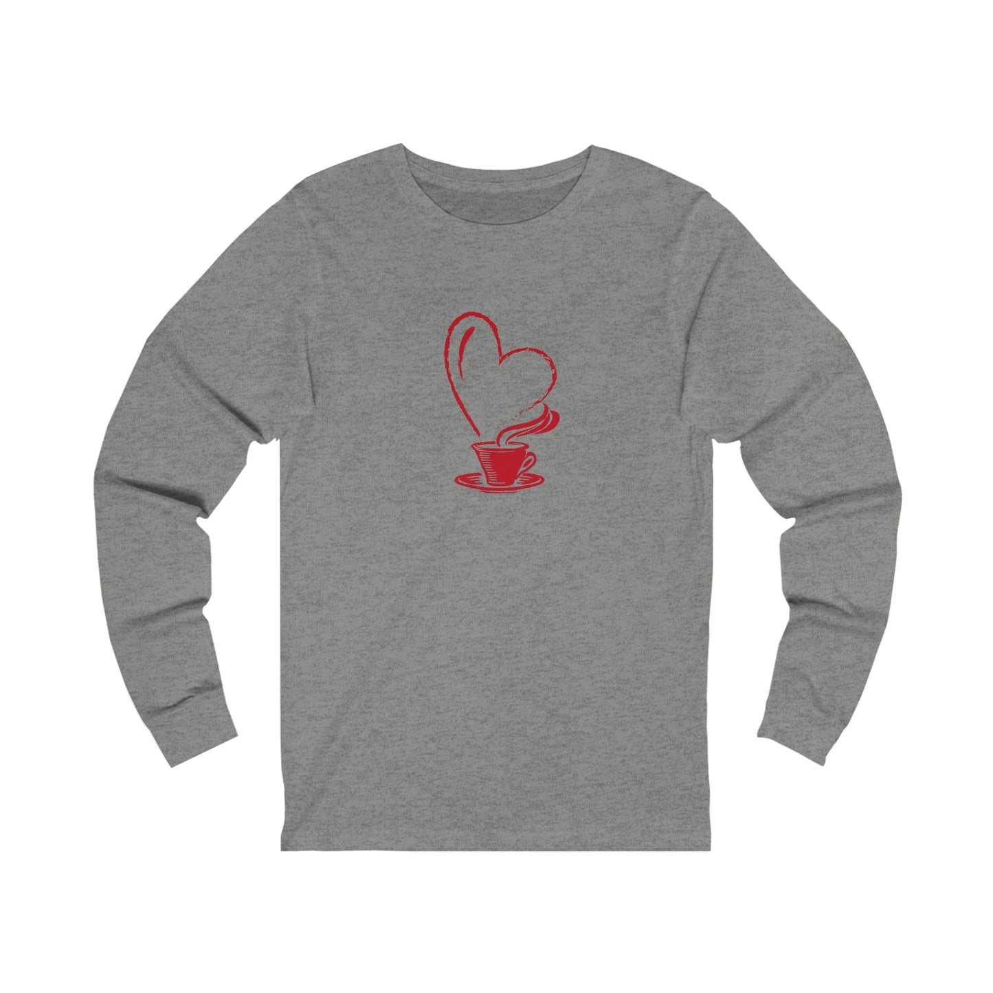 Printify gray long-sleeve shirt with red coffee cup and heart steam design but first coffee tee