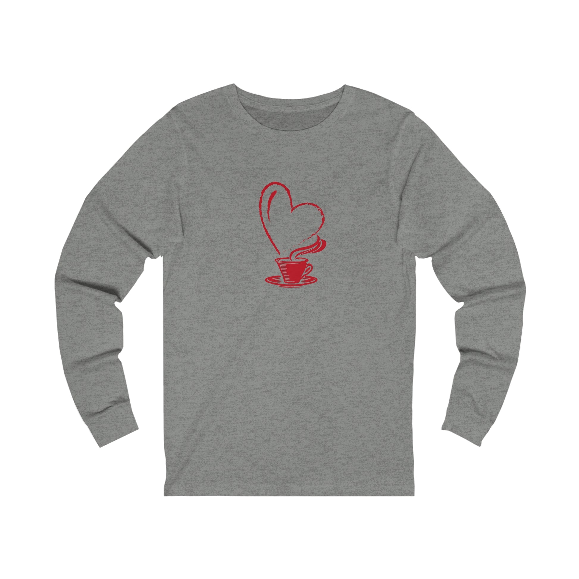 Printify gray long-sleeve shirt with red coffee cup and heart steam design but first coffee tee