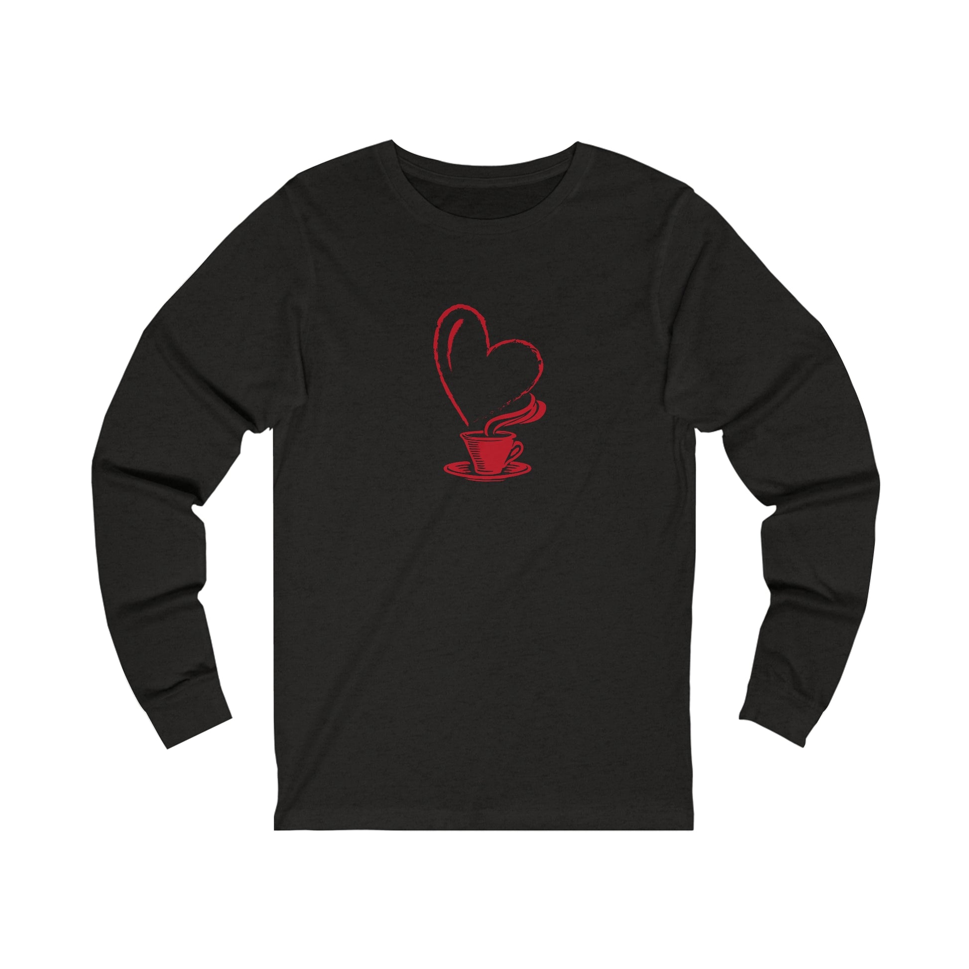Printify black long-sleeve but first coffee tee with red coffee cup and heart steam design