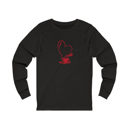 Printify black long-sleeve but first coffee tee with red coffee cup and heart steam design