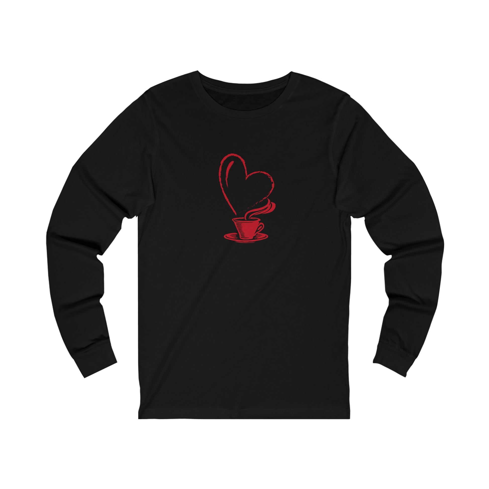 Black Printify long-sleeve but first coffee tee with red coffee cup and heart design