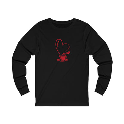Black Printify long-sleeve but first coffee tee with red coffee cup and heart design
