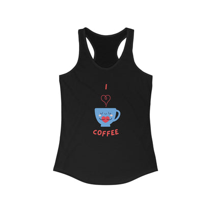 Black tank top with cute blue coffee cup graphic and red text I love coffee but first coffee tee
