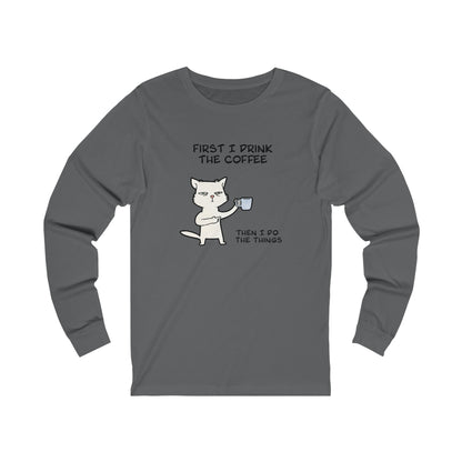 Printify long-sleeve but first coffee tee in gray with cat holding coffee cup graphic
