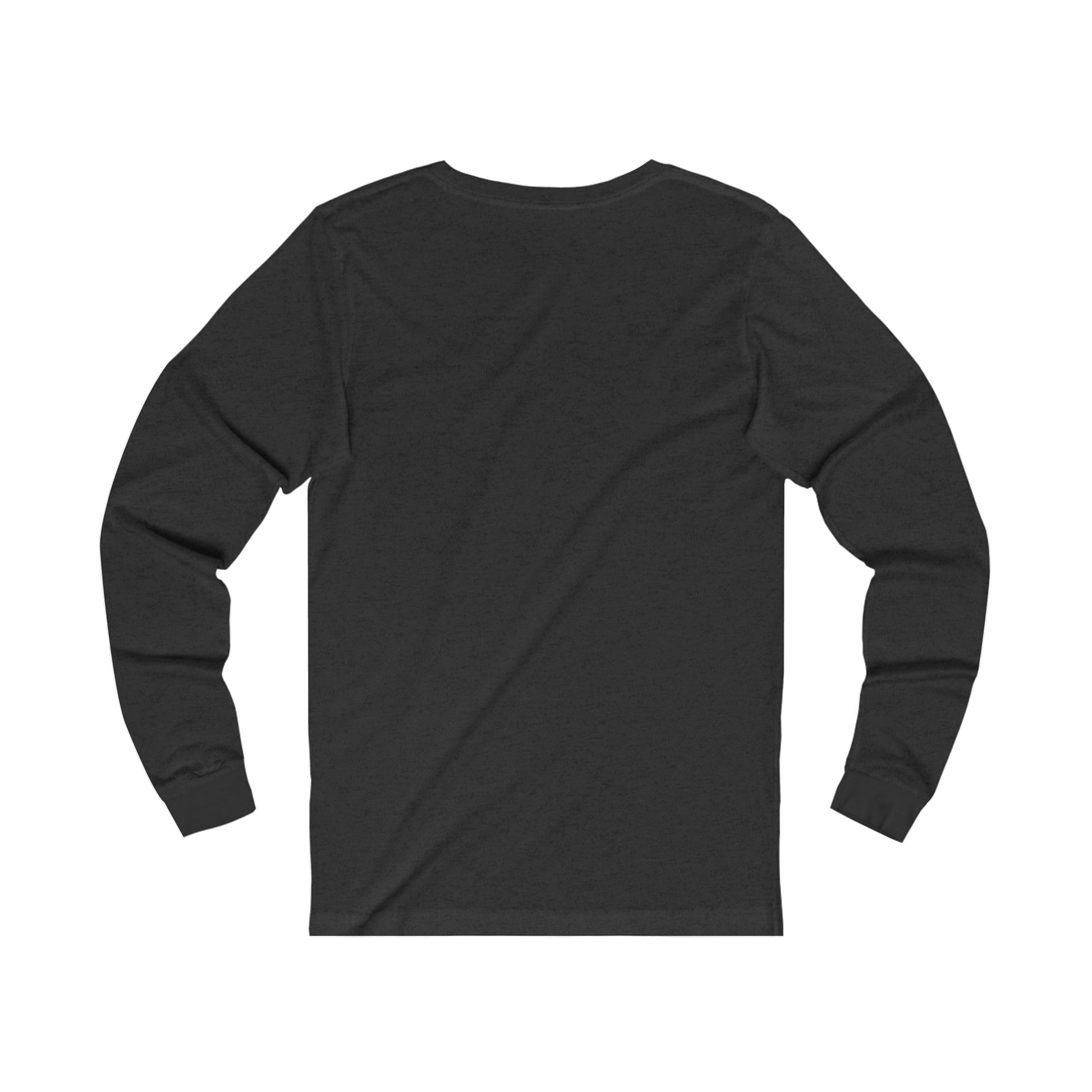 Back view of black long-sleeve but first coffee tee from Printify with ribbed cuffs