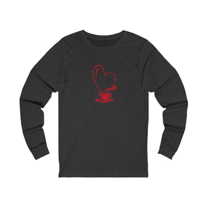 Printify long-sleeve but first coffee tee in black with red heart steam coffee cup design