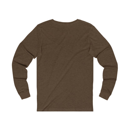 Printify brown long-sleeve but first coffee tee shown from back with ribbed cuffs