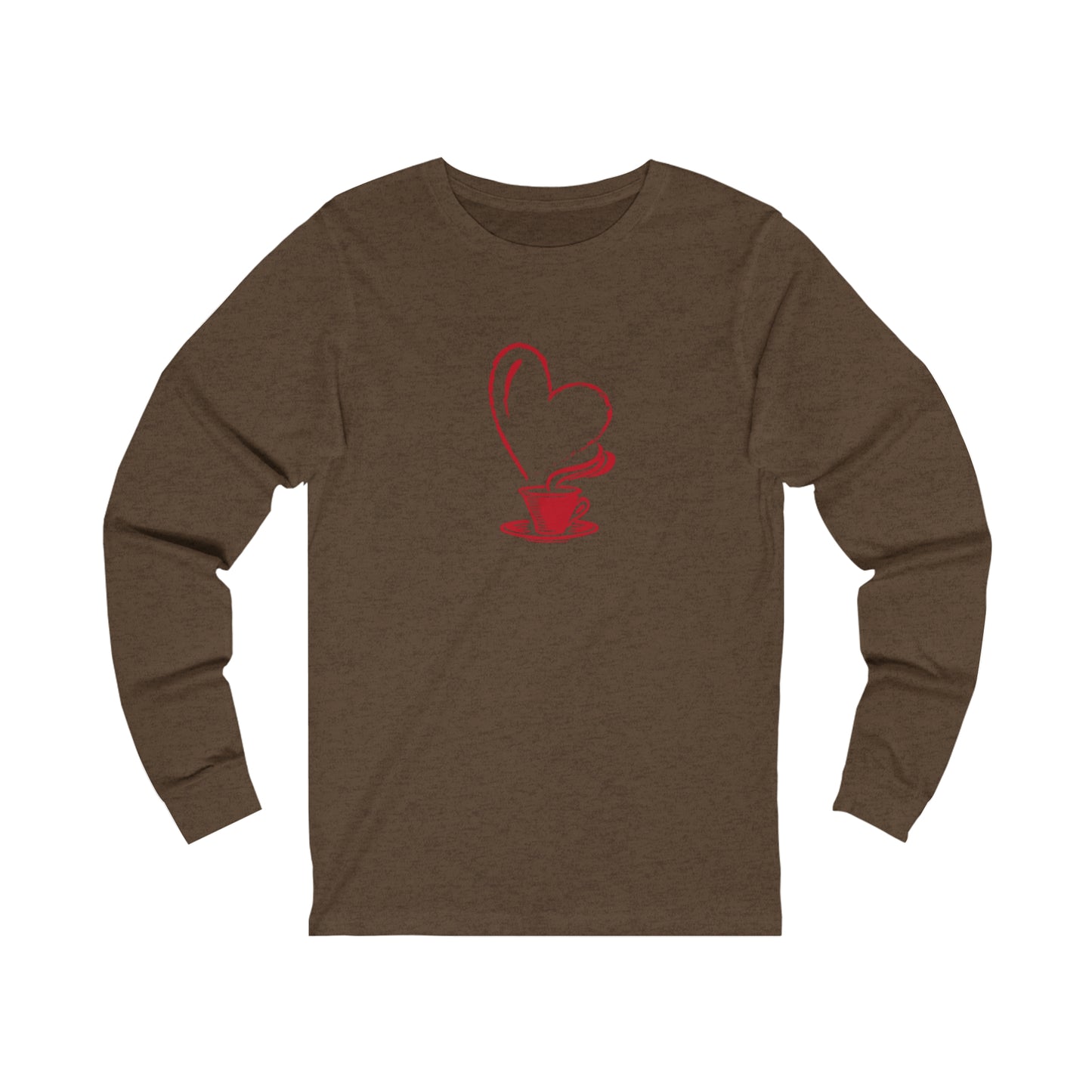 Printify brown long-sleeve but first coffee tee with red coffee cup and heart design